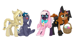 Size: 1850x979 | Tagged: safe, artist:toxiccolour, imported from derpibooru, oc, oc only, oc:cornflower meadow, oc:elizabat stormfeather, oc:kerttu, oc:lilith, alicorn, bat pony, bat pony alicorn, monster pony, original species, pegasus, pony, rabbit, spider, spiderpony, unicorn, alicorn oc, animal, animal costume, basket, bat pony oc, bat wings, belt, bowtie, bunny costume, bunny ears, choker, clothes, confused, costume, ear piercing, easter, easter basket, easter bunny, easter egg, egg, eyes closed, eyeshadow, fangs, female, freckles, gloves, goth, holiday, hood, horn, jacket, laughing, leather, leather jacket, makeup, mare, multiple eyes, multiple limbs, piercing, ponified, ponified oc, raised hoof, simple background, sitting, skirt, socks, spiked choker, spiked wristband, stifling laughter, stockings, thigh highs, transparent background, wings, wristband