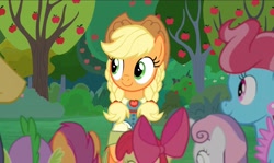 Size: 2037x1214 | Tagged: safe, imported from derpibooru, screencap, apple bloom, applejack, cup cake, scootaloo, spike, sweetie belle, dragon, earth pony, pegasus, pony, unicorn, the big mac question, alternate hairstyle, apple, apple tree, braid, clothes, cute, dress, formal wear, happy, jackabetes, orchard, pigtails, rear view, smiling, sweet apple acres, tree