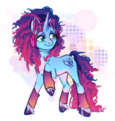 Size: 1257x1324 | Tagged: safe, artist:peachmichea, imported from derpibooru, pony, unicorn, bridlewoodstock, clothes, cornrows, female, freckles, g5, headphones, leg warmers, mare, misty brightdawn, raised hoof, smiling, solo, toy interpretation