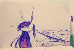 Size: 1280x874 | Tagged: safe, artist:prettyshinegp, imported from derpibooru, twilight sparkle, alicorn, pony, female, long ears, mare, missing horn, solo, traditional art, twilight sparkle (alicorn)