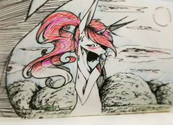 Size: 1280x923 | Tagged: safe, artist:prettyshinegp, imported from derpibooru, oc, oc only, pony, unicorn, female, food, hoof hold, horn, ice cream, ice cream cone, long ears, mare, outdoors, solo, sun, traditional art, unicorn oc