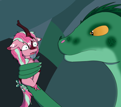 Size: 1700x1500 | Tagged: safe, artist:the crystal artist, derpibooru exclusive, imported from derpibooru, oc, oc only, oc:minty, oc:minty (crystal), dragon, kirin, being held, bow, cave, cloven hooves, dragon oc, duo, female, floppy ears, frown, holding, holding a kirin, kirin oc, looking at each other, looking at someone, mare, no context, non-pony oc, open mouth, rock, scared, tail, tail bow, terrified, unamused