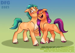 Size: 1065x751 | Tagged: safe, artist:dragonfoxgirl, imported from derpibooru, hitch trailblazer, sunny starscout, earth pony, pony, braid, duo, duo male and female, female, g5, male, mare, shipping, snuggling, stallion, straight, sunnyhitch, unshorn fetlocks