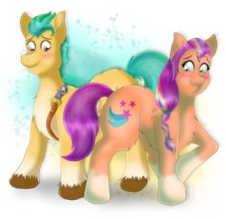 Size: 1280x1238 | Tagged: safe, artist:holy2001, imported from derpibooru, hitch trailblazer, sunny starscout, earth pony, pony, blushing, female, g5, male, mare, sheriff's badge, shipping, simple background, stallion, straight, sunnyhitch, transparent background