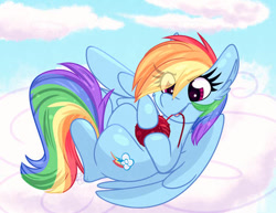 Size: 453x350 | Tagged: safe, artist:littleblackraencloud, imported from derpibooru, rainbow dash, pegasus, pony, behaving like a cat, cloud, cute, dashabetes, eyebrows, eyebrows visible through hair, female, lying down, lying on a cloud, mare, on a cloud, on back, solo, yarn, yarn ball