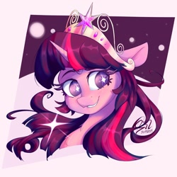 Size: 1500x1500 | Tagged: safe, artist:silshadnic, imported from ponybooru, twilight sparkle, alicorn, pony, big crown thingy, bust, element of magic, female, grin, jewelry, mare, regalia, smiling, solo, starry eyes, tiara, twilight sparkle (alicorn), wingding eyes