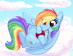 Size: 1280x990 | Tagged: safe, artist:littleblackraencloud, imported from derpibooru, rainbow dash, pegasus, pony, behaving like a cat, cloud, smiling, solo, yarn, yarn ball