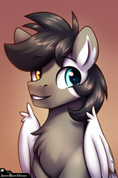 Size: 2000x3000 | Tagged: safe, artist:jedayskayvoker, imported from derpibooru, oc, oc:cloudy days, pegasus, pony, bust, chest fluff, cute, eyebrows, folded wings, gradient background, heterochromia, icon, male, pegasus oc, portrait, smiling, solo, stallion, wings