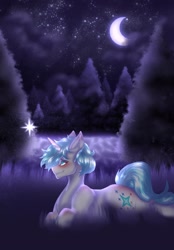Size: 1423x2048 | Tagged: safe, artist:novadraws19205, imported from derpibooru, oc, oc only, pony, unicorn, crescent moon, forest, lying down, moon, night, prone, solo, stars
