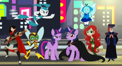 Size: 1214x658 | Tagged: safe, artist:carlosuriel13, imported from derpibooru, twilight sparkle, alicorn, bumblebee (dc comics), corrupted twilight sparkle, crossover, dc comics, dc superhero girls, disney princess, good vs evil, hunchback of notre dame, judge frollo, karen beecher, mulan, my life as a teenage robot, poison ivy, steven universe, twilight sparkle (alicorn)