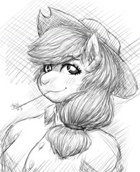 Size: 790x975 | Tagged: safe, artist:shell-oz, imported from derpibooru, applejack, anthro, earth pony, pony, looking at you, monochrome, simple background, sketch