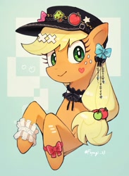 Size: 2200x3000 | Tagged: safe, artist:fuyugi, imported from derpibooru, applejack, earth pony, pony, bow, cap, choker, garter, hair bow, hat, heart, looking at you, pin, smiling, solo