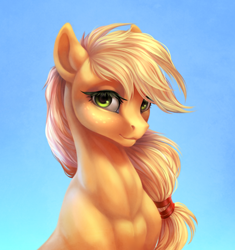 Size: 846x900 | Tagged: safe, artist:kerydarling, artist:rrusha, edit, editor:pk perfect, applejack, earth pony, pony, applejacked, beautiful, bust, cottagecore, eyelashes, female, hatless, lidded eyes, looking at you, mare, missing accessory, muscles, portrait, realistic, sky, smiling, solo, three quarter view