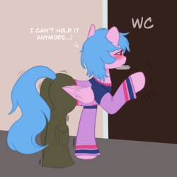 Size: 2048x2048 | Tagged: safe, artist:vaiola, imported from derpibooru, oc, oc only, alicorn, pony, advertisement, alicorn oc, bathroom, blushing, butt, cargo pants, clothes, commission, desperation, door, embarrassed, eyebrows, female, fetish, floor, full body, hockey jersey, horn, knocking, mare, need to pee, not izzy moonbow, omorashi, pants, plot, potty emergency, potty time, room, shaking, shivering, simple background, solo, speech, speech bubble, standing, sweater, tail, tail hole, talking, text, toilet, wings