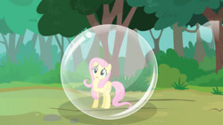 Size: 1191x671 | Tagged: safe, artist:rebelsuperstar, imported from derpibooru, fluttershy, pegasus, bubble, cute, female, fluttershy trapped in a bubble, forest, g4, in bubble, shyabetes, tree