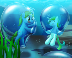 Size: 997x801 | Tagged: safe, artist:bladedragoon7575, imported from derpibooru, oc, oc only, oc:balance blade, oc:delphina depths, earth pony, pony, bubble, cute, in bubble, male, ocean, seaquestria, seaweed, trap (device), trapped, underwater, water