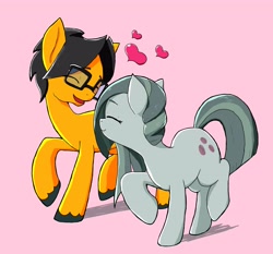 Size: 3344x3113 | Tagged: safe, artist:a.s.e, imported from derpibooru, marble pie, oc, oc:a.s.e, earth pony, pony, canon x oc, couple, duo, female, glasses, happy, heart, love, male, mare, pink background, ponysona, shipping, simple background, stallion, straight, together