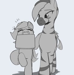 Size: 1169x1200 | Tagged: safe, artist:storyteller, imported from derpibooru, oc, oc only, oc:iin, oc:rowdy spout, pegasus, pony, zebra, duo, duo female, emanata, eyes closed, female, grayscale, height difference, mare, monochrome, mouth hold, simple background, suitcase, zebra oc
