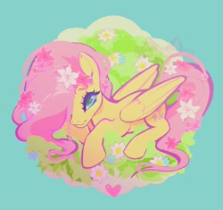 Size: 2048x1922 | Tagged: safe, artist:necromeowncer, imported from derpibooru, fluttershy, pegasus, pony, cute, female, flower, flower in hair, grass, hair over one eye, lying down, shyabetes, simple background, smiling, solo