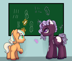 Size: 2600x2200 | Tagged: safe, artist:dumbwoofer, imported from derpibooru, pony, unicorn, butt, chalk, chalkboard, cool s, drawing, dreadlocks, duo, female, filly, foal, g5, glowing, glowing horn, horn, loss (meme), magic, magic aura, missing accessory, open mouth, peach fizz, plot, raised hoof, telekinesis, unshorn fetlocks, violette rainbow, violettebetes, vitiligo