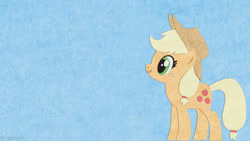 Size: 1024x576 | Tagged: safe, artist:underwoodart, imported from derpibooru, applejack, blue background, digital art, felt, simple background