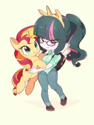 Size: 1490x1980 | Tagged: safe, artist:cheesesauce_45, imported from derpibooru, sci-twi, sunset shimmer, twilight sparkle, human, pony, unicorn, equestria girls, backpack, chibi, fake ears, female, holding a pony, mare, plushie, simple background, solo, sweat, yellow background