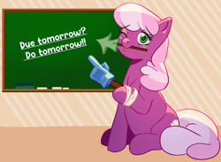 Size: 2344x1717 | Tagged: safe, artist:applephil, imported from derpibooru, cheerilee, earth pony, pony, arrow, chalkboard, female, foam finger, looking at you, mare, one eye closed, sitting, smiling, smiling at you, solo, text, wink, winking at you