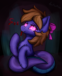 Size: 2200x2704 | Tagged: safe, artist:aquamuro, imported from derpibooru, oc, oc only, lamia, original species, pony, snake, snake pony, :p, bedroom eyes, bow, chest fluff, cute, cute little fangs, ear fluff, eyeshadow, fangs, female, fluffy, forked tongue, hair bow, hypno eyes, hypnosis, lineart, looking at you, makeup, mare, open mouth, pink eyes, prehensile tail, raised hoof, seductive look, signature, simple background, smug, smug smile, snake tail, solo, tail, tail hold, text, tongue out