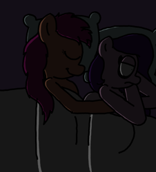Size: 3023x3351 | Tagged: safe, artist:professorventurer, imported from derpibooru, pipp petals, sunny starscout, earth pony, pegasus, pony, series:ask pippamena, bed, cuddling, dark, duo, female, g5, in bed, insomnia, lesbian, loose hair, mare, night, pillow, pippamena, pregnant, primrose petals, shipping, sleeping, spooning, sunnypipp
