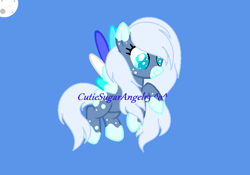 Size: 781x548 | Tagged: safe, artist:sugarisweetlolita, imported from derpibooru, oc, oc:blueberry cupcake wishes, pegasus, base used, blue background, colored wings, female, fluffy mane, freckles, gray mane, mare, mottled coat, multicolored wings, pegasus oc, signature, simple background, two toned coat, wings