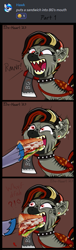 Size: 333x1102 | Tagged: safe, artist:firehearttheinferno, artist:luciothelucario, imported from derpibooru, part of a set, oc, oc only, oc:bg, oc:bloody gash, oc:hawker hurricane, oc:ruby blood, hybrid, pony, zebra, zony, >:d, angry, bg is not amused, biting, black hooves, black mane, blaze (coat marking), coat markings, comic, confused, crying, cute, digital art, discord (program), ear piercing, earring, engraving, evil rarity, ex-raider, exclamation point, facial markings, facial scar, fallout equestria oc, fangs, female, fierce, filly, foal, food, force feeding, fry brains, funny, gray coat, grin, growling, hatchet, highlights, hoof hold, hooves, jewelry, leather, leather straps, looking at someone, male, mohawk, muffled words, multicolored hair, multicolored mane, onomatopoeia, personal space invasion, piercing, punk, question mark, raised tail, rawr, red eyes, sandwich, scar, sharp teeth, shaved mane, shocked, shocked expression, shoving, signature, silly, simple background, smiling, stallion, stripes, tail, tears of joy, teary eyes, teenager, teeth, this will end in death, this will end in tears, this will end in tears and/or death, weapon, wood, zebra oc, zony oc