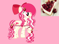 Size: 1024x765 | Tagged: safe, artist:sugarisweetlolita, imported from derpibooru, oc, earth pony, base used, bow, cherry, deviantart watermark, earth pony oc, female, food, freckles, gradient mane, hair bow, hairpin, mare, mottled coat, obtrusive watermark, photo, pink background, pink mane, simple background, tongue out, two toned coat, watermark, yellow coat