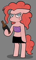 Size: 1259x2086 | Tagged: safe, artist:marshmarlowe, imported from derpibooru, pinkie pie, earth pony, pony, .mov, party.mov, alcohol, angry, bipedal, clothes, female, gray background, mare, no pupils, simple background, skirt, tube top, vulgar