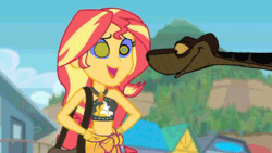 Size: 1920x1080 | Tagged: safe, artist:ocean lover, edit, edited screencap, imported from derpibooru, screencap, sunset shimmer, human, python, snake, equestria girls, equestria girls series, forgotten friendship, absurd file size, animated, bag, bare shoulders, beach, belly button, bikini, bikini top, clothes, crossed arms, disney, edited gif, geode of empathy, gif, hand on hip, hill, hypno eyes, hypnosis, hypnotized, kaa, kaa eyes, lidded eyes, looking at each other, looking at someone, magical geodes, midriff, open mouth, outdoors, sarong, sky, swimsuit, the jungle book, tree, youtube link