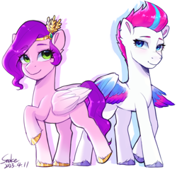 Size: 2310x2205 | Tagged: safe, artist:xiaowu07, imported from derpibooru, pipp petals, zipp storm, pegasus, pony, adorapipp, adorazipp, colored wings, crown, cute, diadem, duo, ear piercing, earring, eye clipping through hair, eyebrows, eyebrows visible through hair, female, folded wings, g5, high res, jewelry, looking at each other, looking at someone, looking at you, mare, multicolored wings, partially open wings, piercing, pipp is short, raised hoof, regalia, royal sisters (g5), siblings, signature, simple background, sisters, smiling, smiling at you, white background, wings