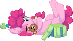 Size: 8474x4775 | Tagged: safe, artist:cyanlightning, imported from derpibooru, pinkie pie, earth pony, pony, .svg available, absurd resolution, box, cute, diapinkes, female, filly, filly pinkie pie, foal, holding, hug, looking at you, lying down, one eye closed, plushie, present, simple background, smiling, solo, teddy bear, transparent background, vector, wink, younger