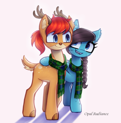 Size: 2800x2840 | Tagged: safe, artist:opal_radiance, imported from derpibooru, oc, oc only, unnamed oc, bat pony, deer, pony, bat pony oc, clothes, commission, deer oc, duo, duo male and female, fangs, female, folded wings, freckles, high res, looking at each other, looking at someone, male, mare, non-pony oc, open mouth, open smile, scarf, shadow, side hug, signature, smiling, smiling at each other, striped scarf, wings