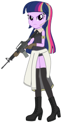 Size: 2144x4096 | Tagged: safe, artist:edy_january, artist:starryshineviolet, edit, imported from derpibooru, vector edit, twilight sparkle, human, equestria girls, action, assault rifle, boots, clothes, costume, female, frown, girls frontline, gun, high res, jacket, link in description, long skirt, m4a1, parody, rifle, shoes, simple background, skirt, socks, soldier, solo, t-doll, tactical, tanktop, thigh highs, thigh socks, transparent background, trigger discipline, united states, vector, vector used, weapon