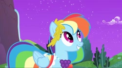 Size: 2160x1213 | Tagged: safe, imported from derpibooru, screencap, rainbow dash, pegasus, pony, the best night ever, alternate hairstyle, at the gala, beautiful, bush, clothes, dress, gala dress, happy, mountain, night, singing, smiling, solo, stars, tree, water, waterfall