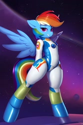 Size: 2048x3072 | Tagged: safe, editor:xyd0, imported from derpibooru, rainbow dash, pegasus, pony, semi-anthro, ai content, ai generated, astronaut, clothes, generator:stable diffusion, socks, solo, space, spacesuit, spread wings, wings