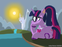 Size: 2048x1536 | Tagged: safe, artist:radiant windstar, imported from derpibooru, twilight sparkle, alicorn, canterlot, glasses, ponytail, river, solo, sunrise, sunset, twilight sparkle (alicorn), water