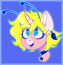 Size: 3445x3545 | Tagged: safe, artist:angie imagines, imported from derpibooru, oc, oc only, oc:angie imagines, alicorn, pony, unicorn, bags under eyes, blue background, choker, curved horn, ear piercing, earring, fluffy hair, green hair, green tongue, heart, heart eyes, horn, jewelry, markings, neon, nonbinary, piercing, simple background, solo, stars, teal eyes, wingding eyes