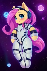 Size: 2048x3072 | Tagged: safe, editor:xyd0, imported from derpibooru, fluttershy, pony, ai content, ai generated, astronaut, butt, clothes, generator:stable diffusion, plot, space, spacesuit, wingless, zero gravity