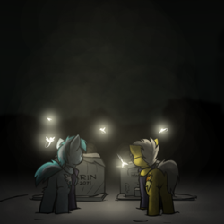 Size: 800x800 | Tagged: safe, artist:captainhoers, imported from derpibooru, spitfire, oc, oc:concorde, pegasus, pony, the sunjackers, butt, duo, elderly, female, gravestone, graveyard, implied soarin', mare, mother and child, offspring, older, older spitfire, parent:soarin', parent:spitfire, parents:soarinfire, plot