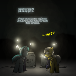 Size: 800x800 | Tagged: safe, artist:captainhoers, imported from derpibooru, spitfire, oc, oc:concorde, pegasus, pony, the sunjackers, dialogue, duo, elderly, female, gravestone, graveyard, implied soarin', mare, mother and child, offspring, older, older spitfire, parent:soarin', parent:spitfire, parents:soarinfire