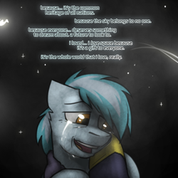 Size: 800x800 | Tagged: safe, artist:captainhoers, imported from derpibooru, spitfire, oc, oc:concorde, pegasus, pony, the sunjackers, bust, crying, dialogue, female, floppy ears, lidded eyes, looking down, mare, mother and child, offscreen character, offspring, parent:soarin', parent:spitfire, parents:soarinfire, solo focus, stars