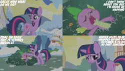 Size: 2000x1125 | Tagged: safe, edit, edited screencap, editor:quoterific, imported from derpibooru, screencap, spike, twilight sparkle, unicorn, winter wrap up, bush, ponyville, snow, unicorn twilight