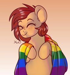 Size: 2316x2487 | Tagged: safe, artist:xwosya, imported from derpibooru, oc, oc only, oc:yuris, pony, ear fluff, eyes closed, female, flag, freckles, gradient background, pride flag, pride month, smiling, solo