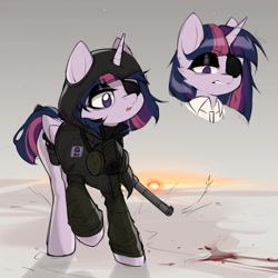 Size: 2560x2560 | Tagged: safe, artist:minekoo2, imported from derpibooru, twilight sparkle, alicorn, pony, blood, clothes, eyepatch, female, folded wings, gas mask, gun, hood, hoodie, horn, lidded eyes, mask, outdoors, rifle, s.t.a.l.k.e.r., short mane, sun, twilight sparkle (alicorn), weapon, wings