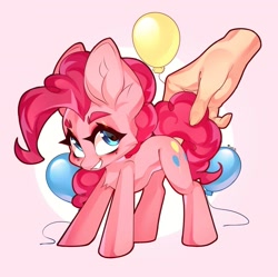 Size: 1913x1909 | Tagged: safe, artist:cypmr, artist:minekoo2, imported from derpibooru, pinkie pie, earth pony, human, pony, balloon, big ears, catchlights, circle background, curly mane, cute, hand, pink background, simple background, smiling